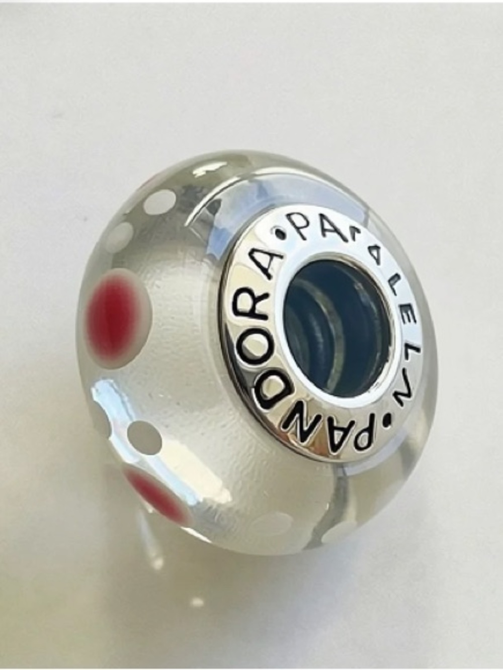 Pandora Clear Glass Charm with Pink and White Dots
